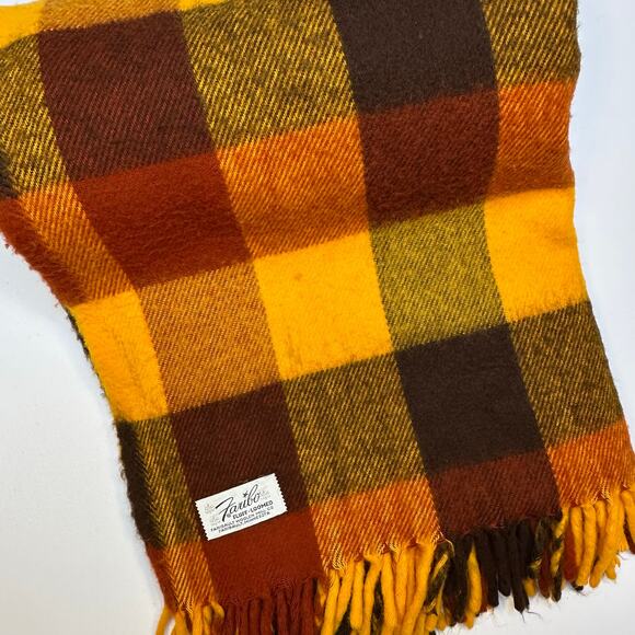 Vintage Faribo Wool Blend Plaid Fringed Throw Blanket in Orange, Brown and Gold - Picture 2 of 7